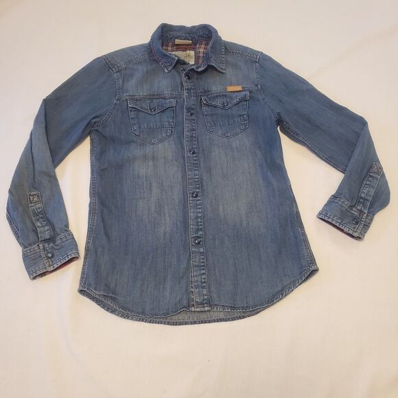 Zara Boys Sz 9/10 Chambray Denim Pearl Snap Button Up Western Holiday Plaid Trim - Picture 1 of 7